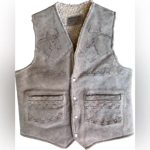 Valenci Vintage Tooled Leather Wool Lined Mexican Western Cattle Vest Size 38 - Picture 9 of 9